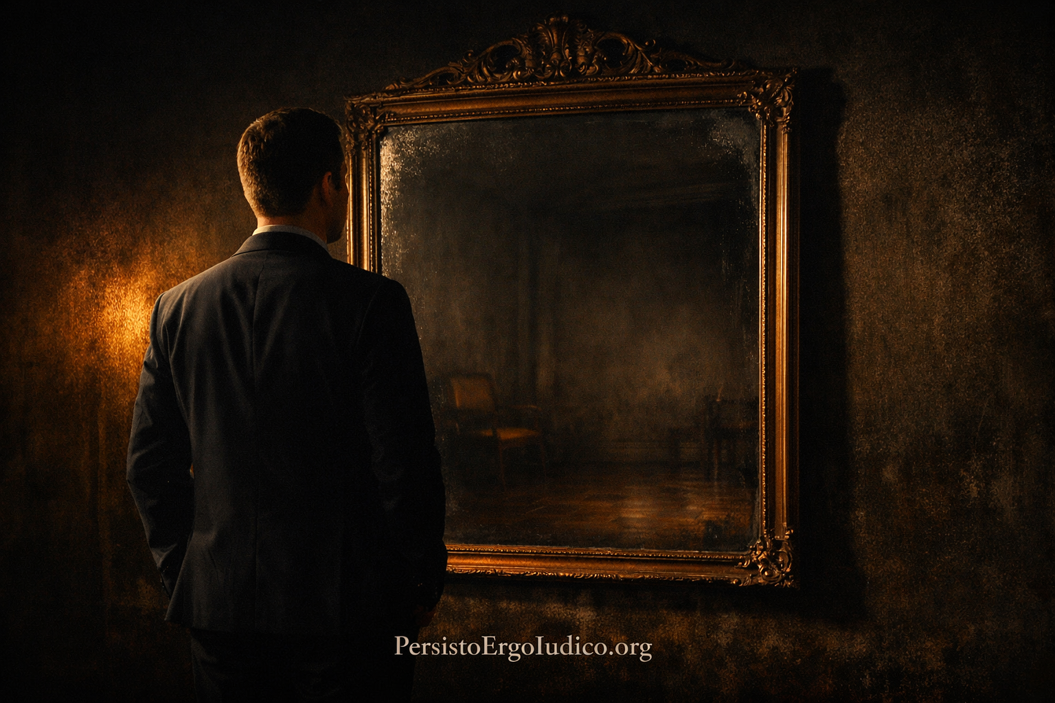 A person stands confidently before a mirror that reflects an empty room, symbolizing the illusion of knowledge without structure