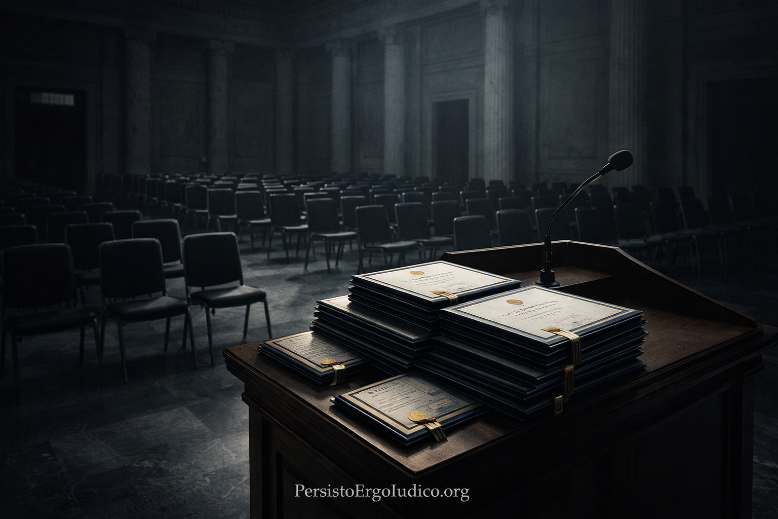 Empty institutional ceremony hall with official diplomas on a podium, symbolizing certification without competence