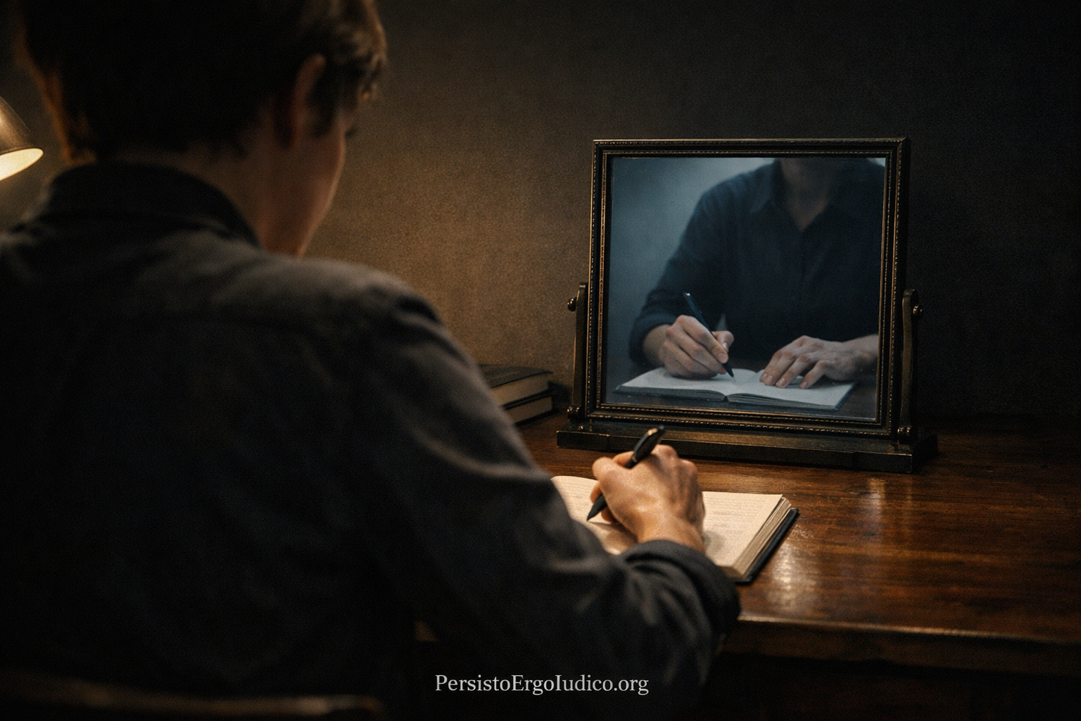 A person writing in a notebook while a mirror reflects a different figure writing without a pen, symbolizing the collapse of self-verification