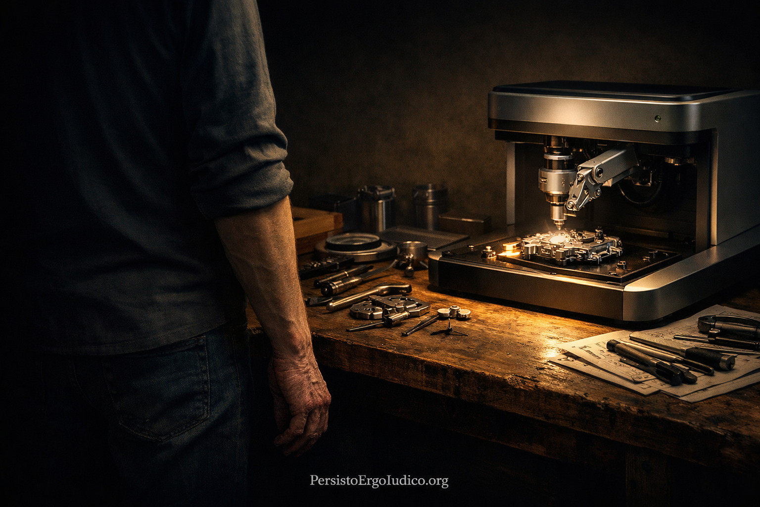 Person watching AI machine work while their hands show subtle atrophy, illustrating loss of human capability through AI delegation