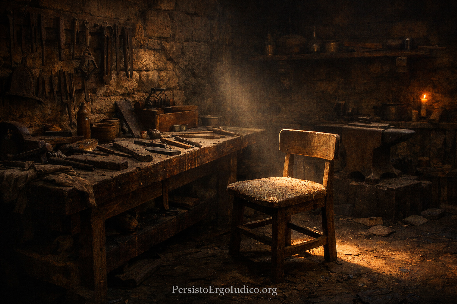 An empty craftsman’s workshop with tools and a dusty apprentice chair under a beam of light, symbolizing the end of apprenticeship and the loss of expert formation.