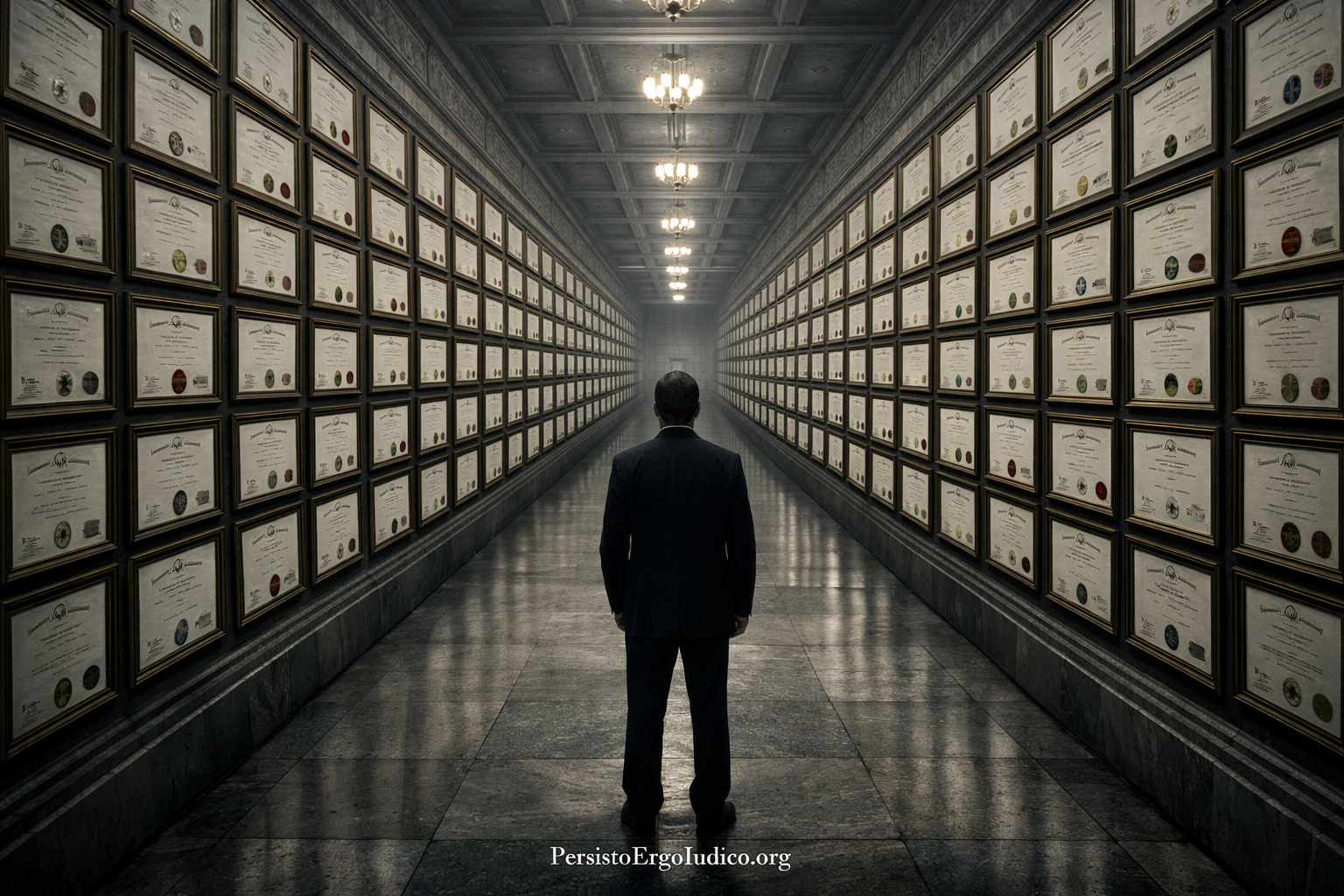 A figure standing at the entrance of an infinite corridor of identical certificates — the end of trust-by-proxy, when signals lose their cost and trust loses its meaning
