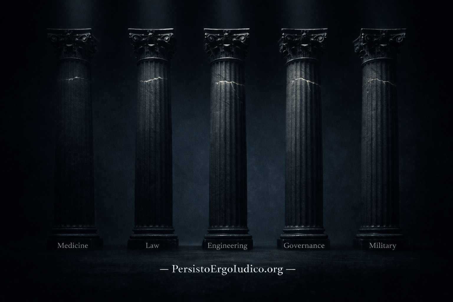 Five cracked columns representing medicine, law, engineering, governance, and military — the professions that cannot survive Judgment Illusion