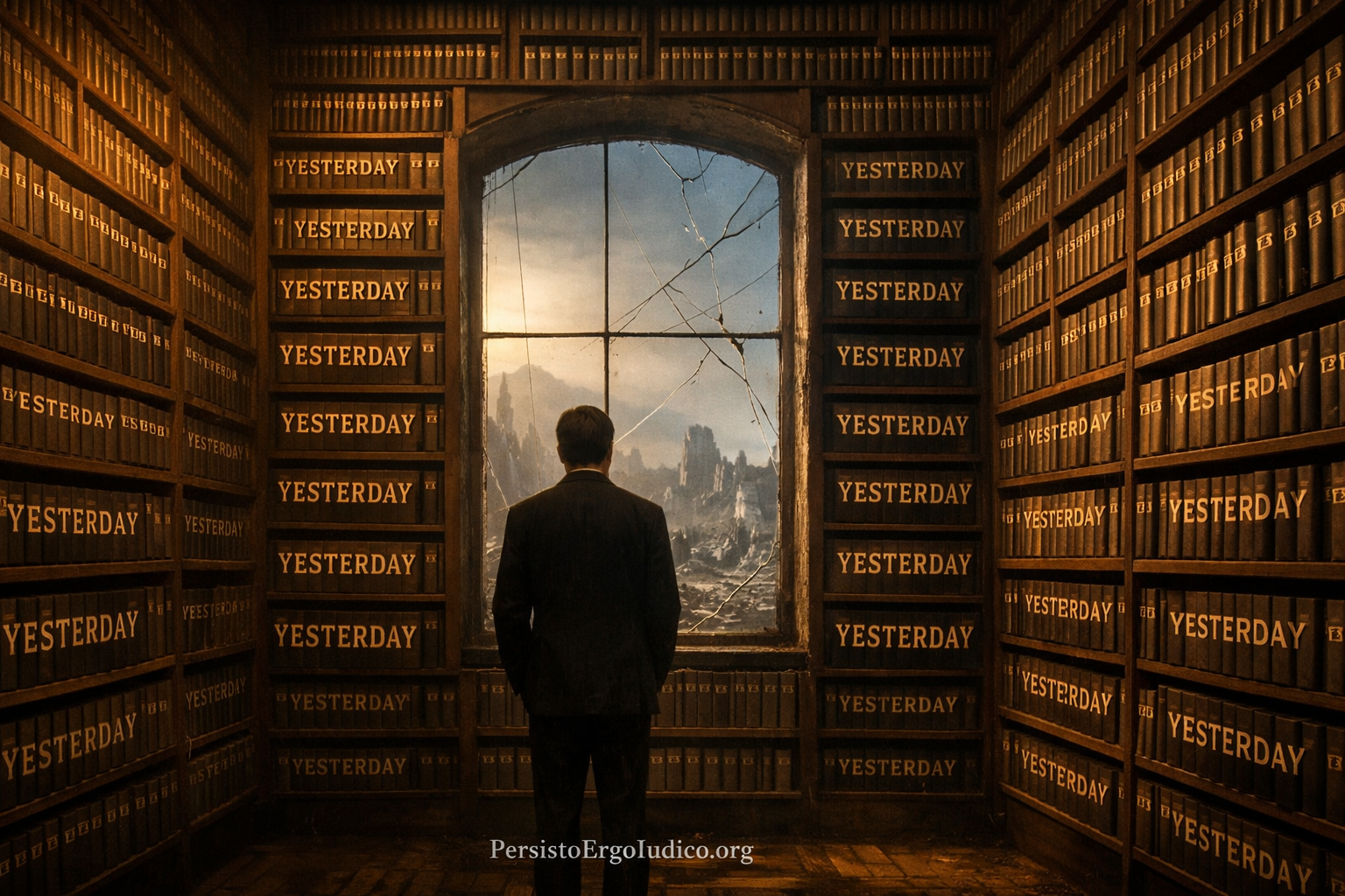 A vast library filled with books labeled “Yesterday” while a lone figure looks through a cracked window at a changed world outside, symbolizing the Novelty Famine.