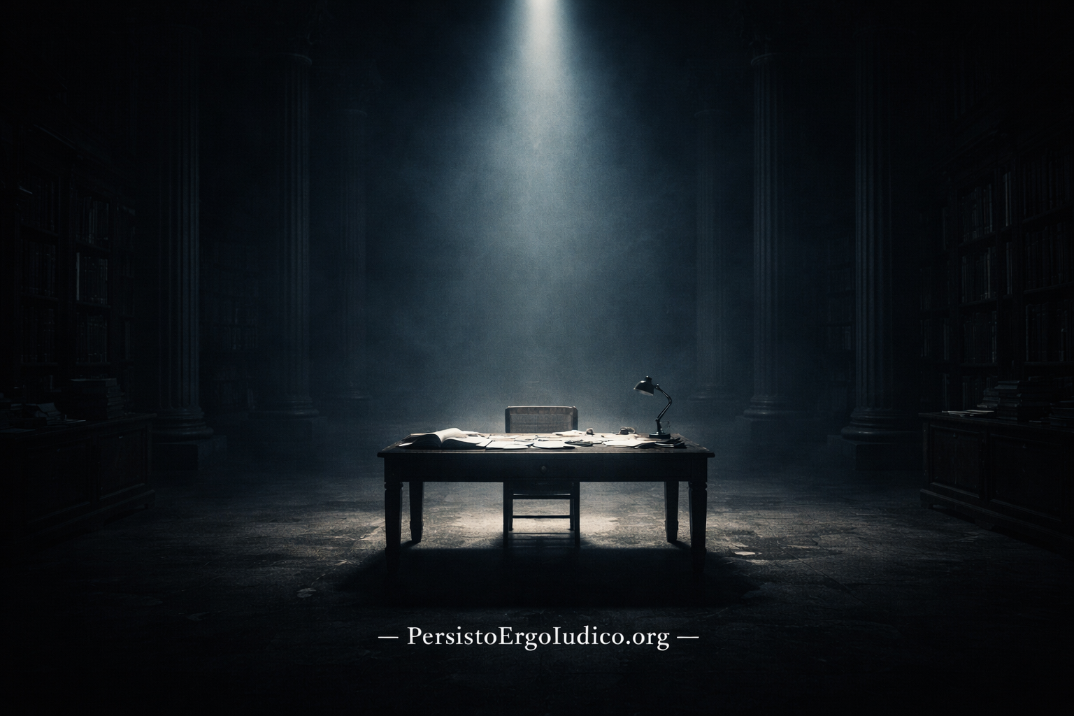 A solitary desk under a single beam of light in a dark hall, symbolizing the reconstruction moment where reasoning must be rebuilt without assistance.
