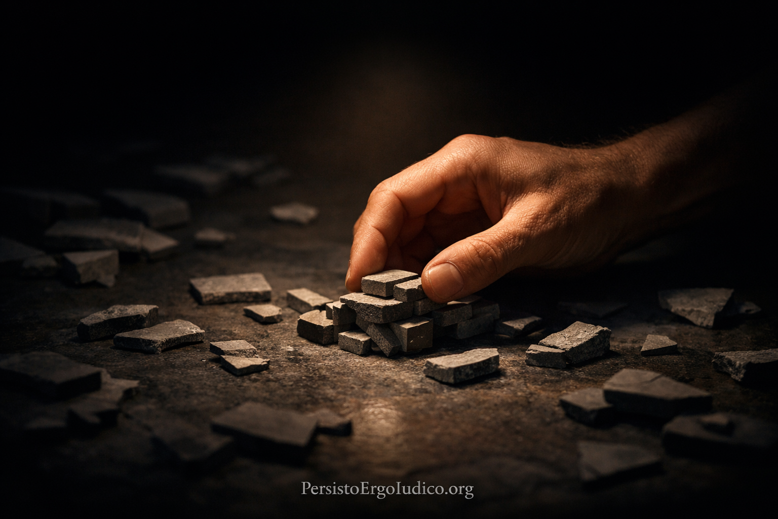 A human hand reconstructing a structure from fragments in darkness, symbolizing genuine expertise built without assistance