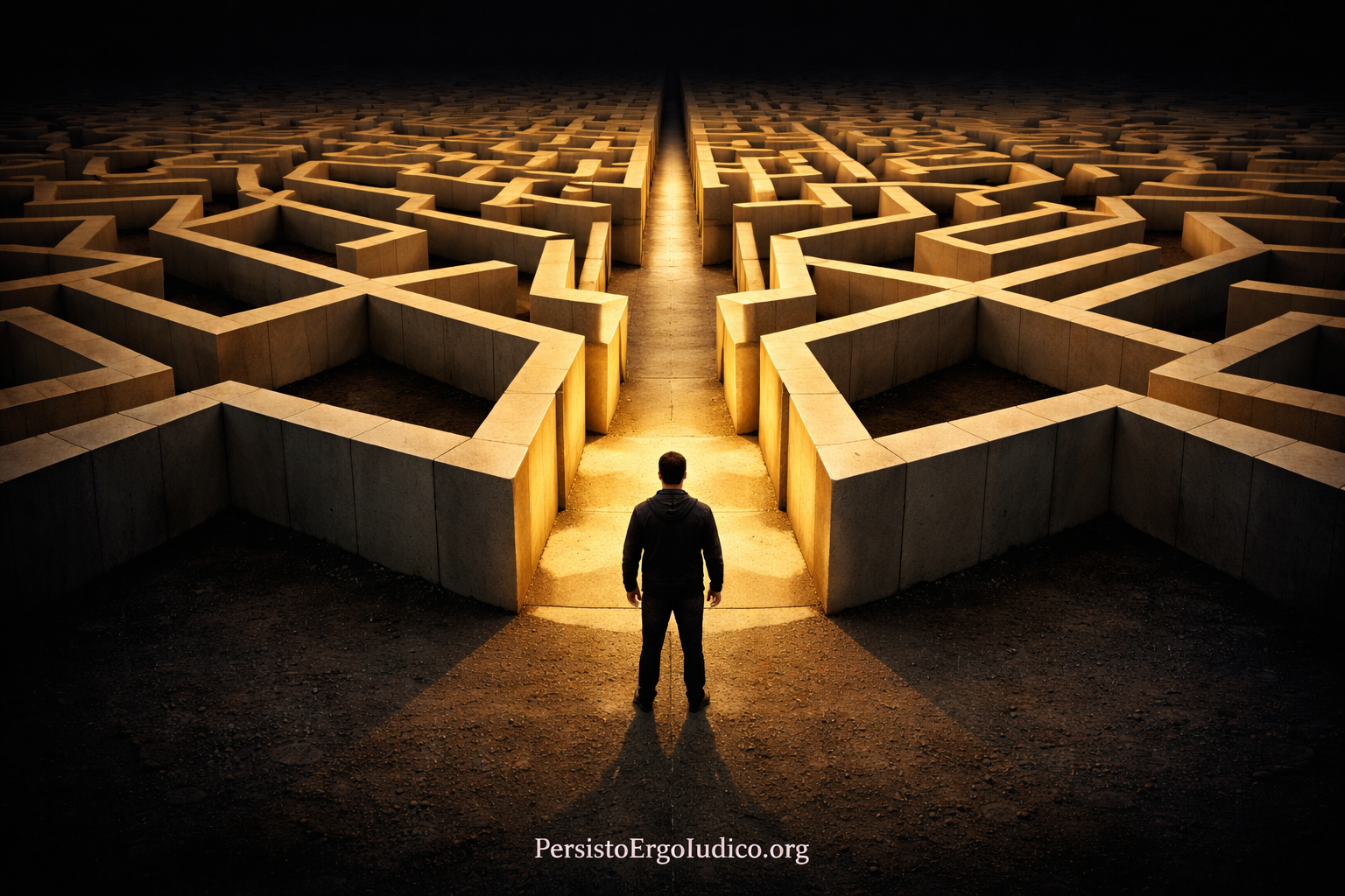 Person standing at entrance of a maze where all paths lead to one route, illustrating AI control over cognitive starting points